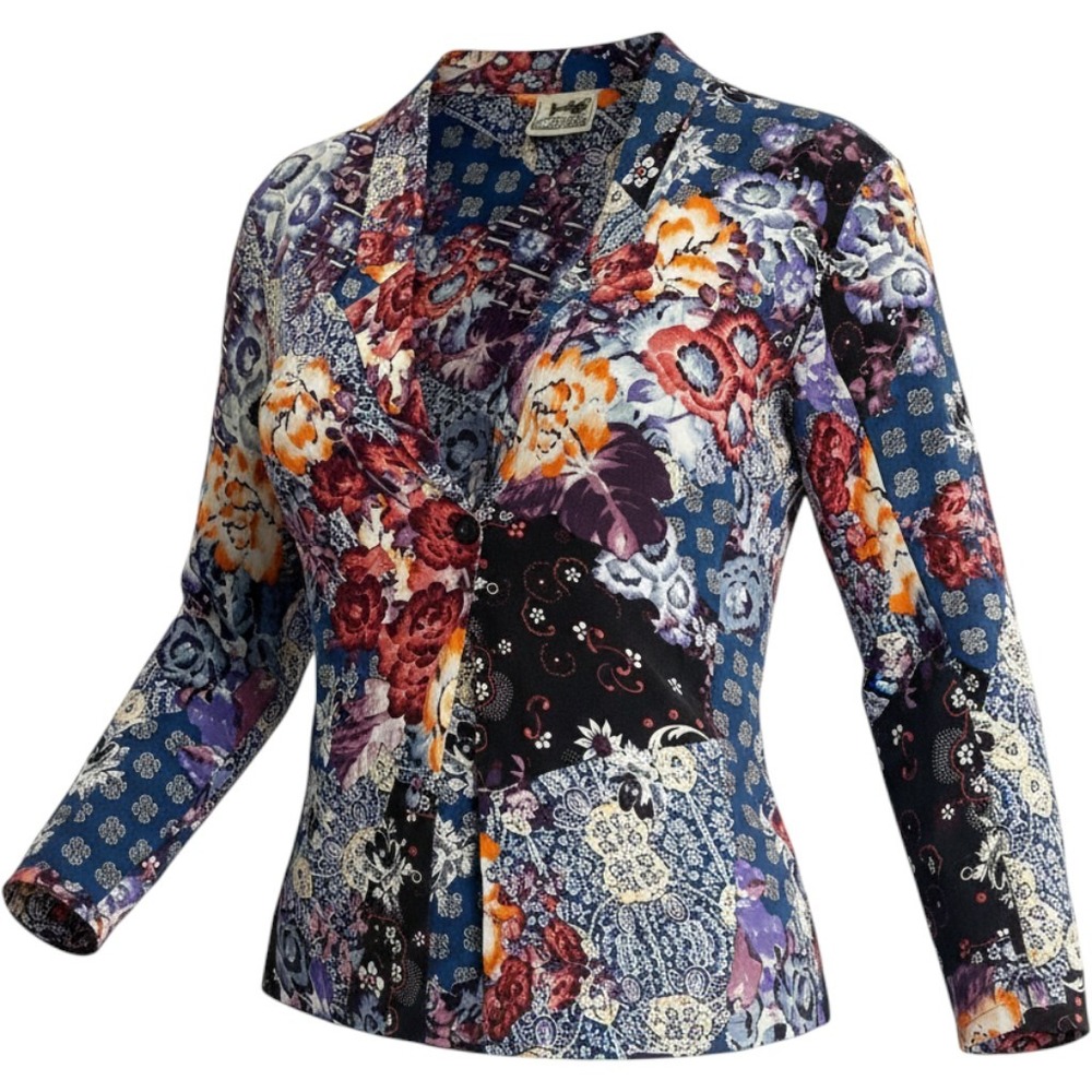 VTG Jaase Mixed Print Shirt Jacket Women S M Roll Tab Artsy Colorful Blazer Top